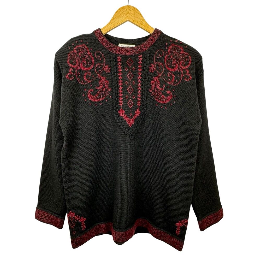 Vintage Susan Bristol Hand‎ Embroidered Sweater Womens Med/EU 38 Black Red Wool